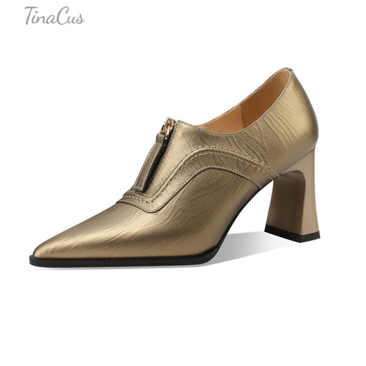 TinaCus Women's Pointed Toe Handmade Front Zipper Mid Block Heels Genuine Leather Elegant Pumps Shoes