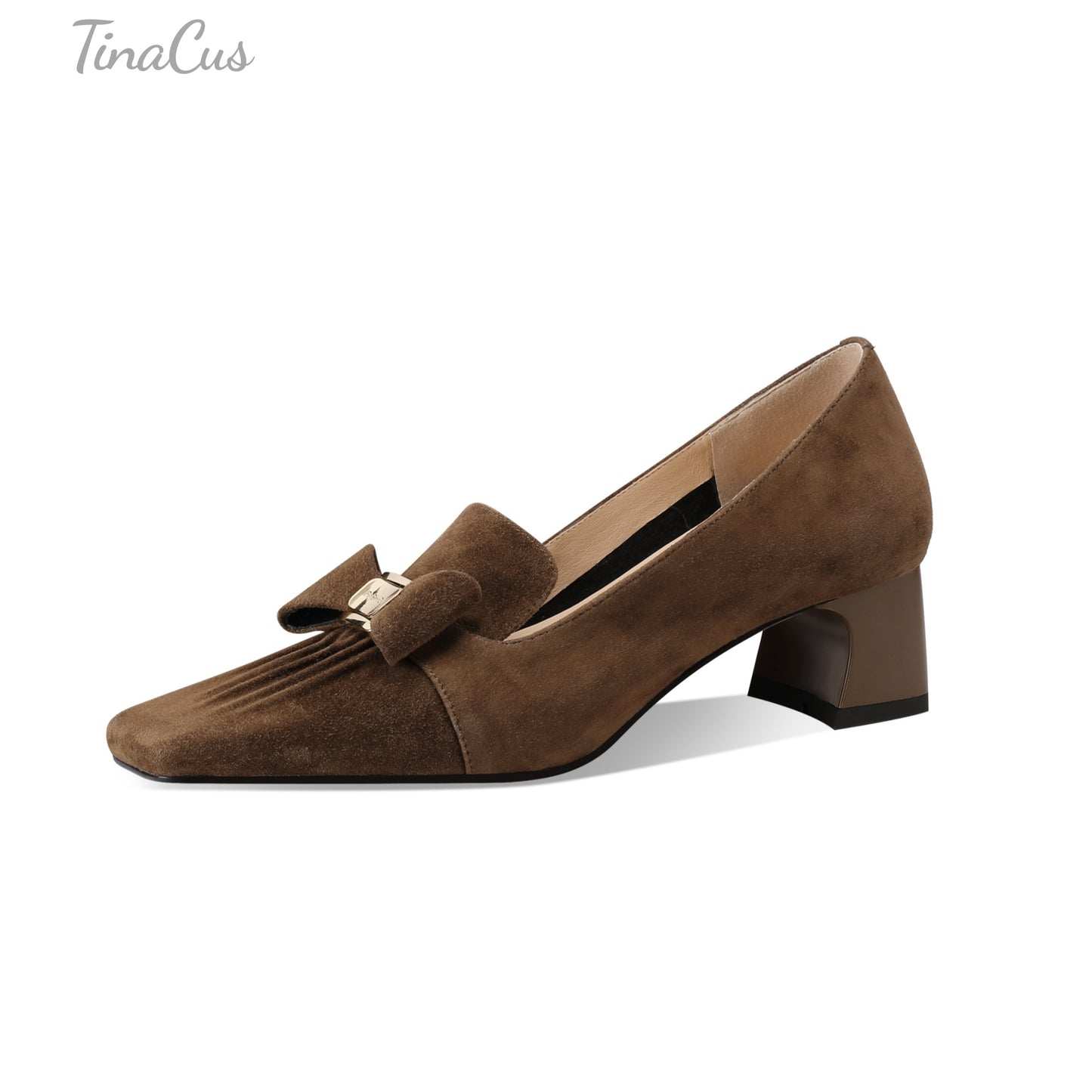 TinaCus Women's Square Toe Handmade Bowknot Suede Leather Low Chunky Heels Cute Loafers Shoes