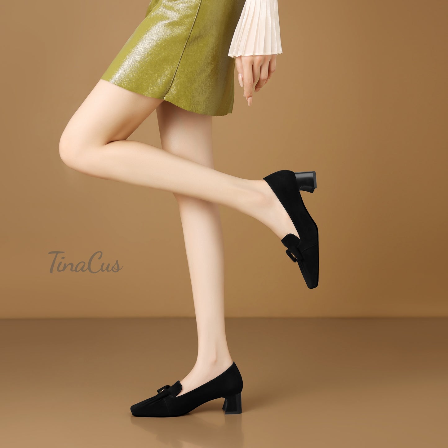 TinaCus Women's Square Toe Handmade Bowknot Suede Leather Low Chunky Heels Cute Loafers Shoes