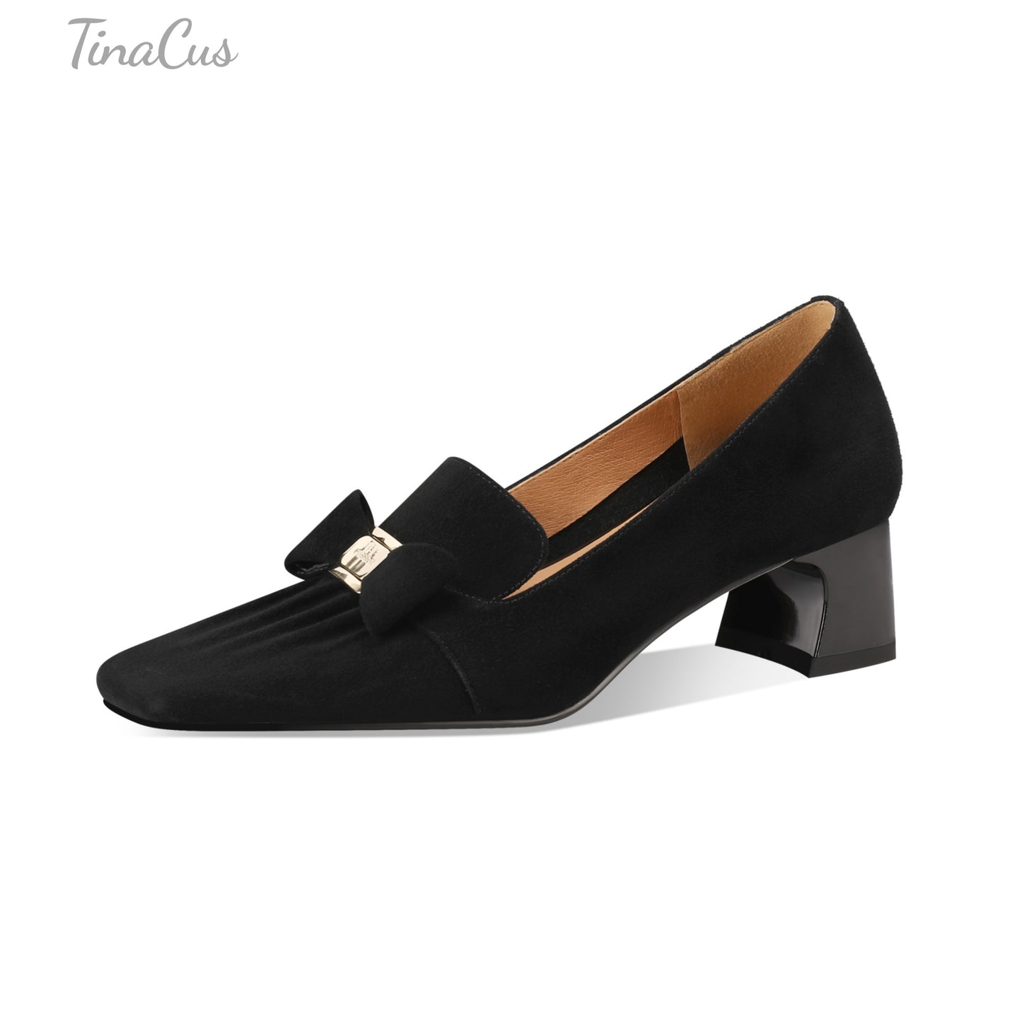 TinaCus Women's Square Toe Handmade Bowknot Suede Leather Low Chunky Heels Cute Loafers Shoes