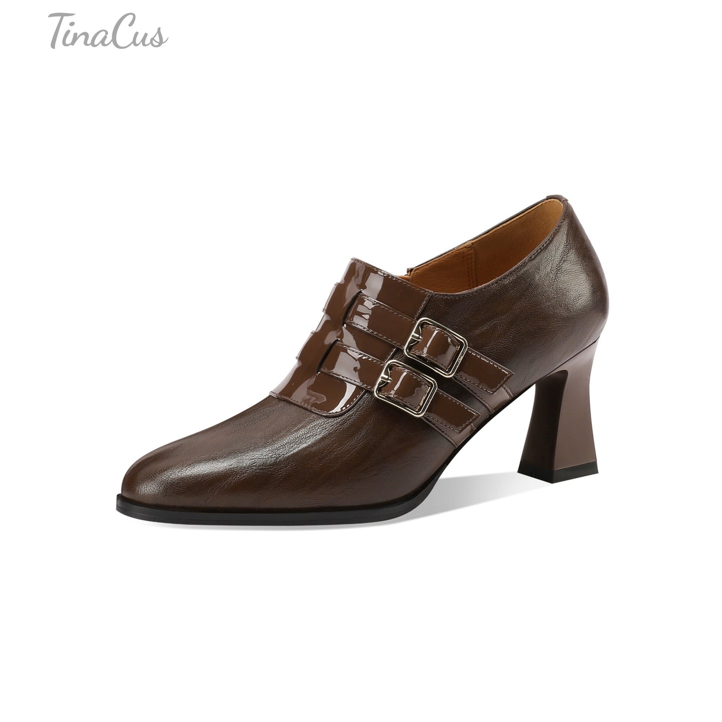 TinaCus Women's Round Toe Handmade Buckles Genuine Leather Mid Spool Heels Zip Up Pumps Shoes