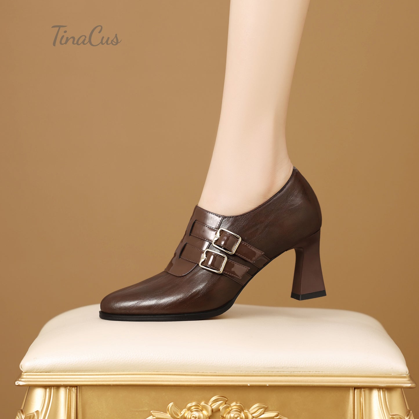 TinaCus Women's Round Toe Handmade Buckles Genuine Leather Mid Spool Heels Zip Up Pumps Shoes