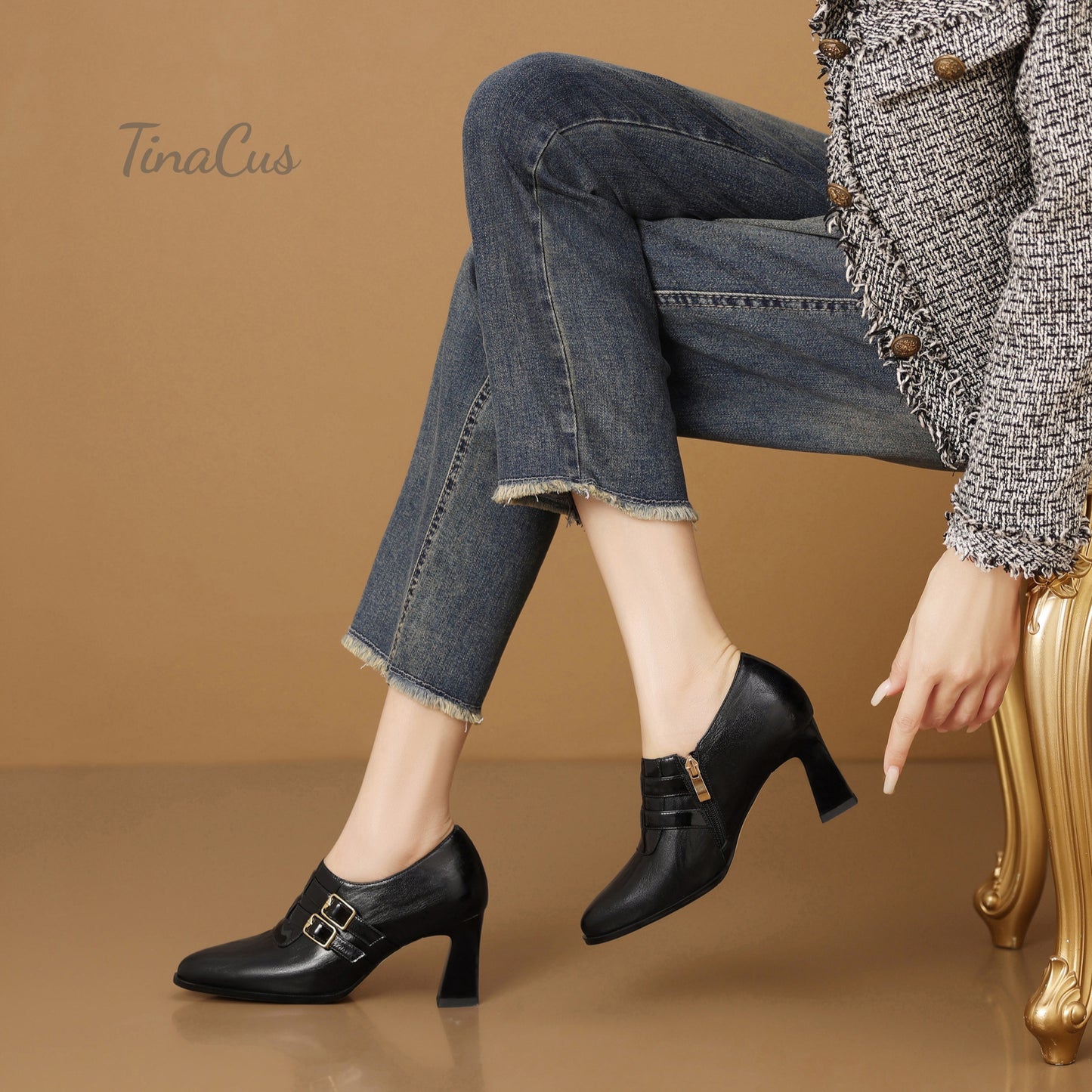 TinaCus Women's Round Toe Handmade Buckles Genuine Leather Mid Spool Heels Zip Up Pumps Shoes