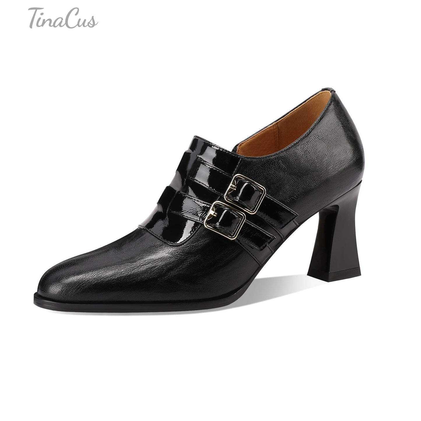TinaCus Women's Round Toe Handmade Buckles Genuine Leather Mid Spool Heels Zip Up Pumps Shoes