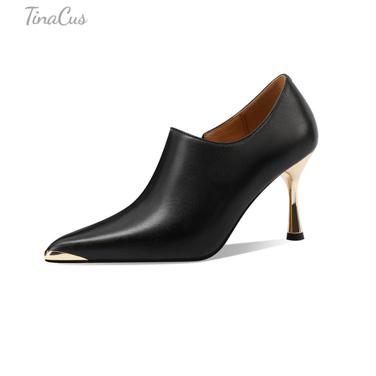 TinaCus Genuine Leather Metal Pointed Toe Handmade Side Zipper Stiletto High Heels Elegant Pumps Shoes