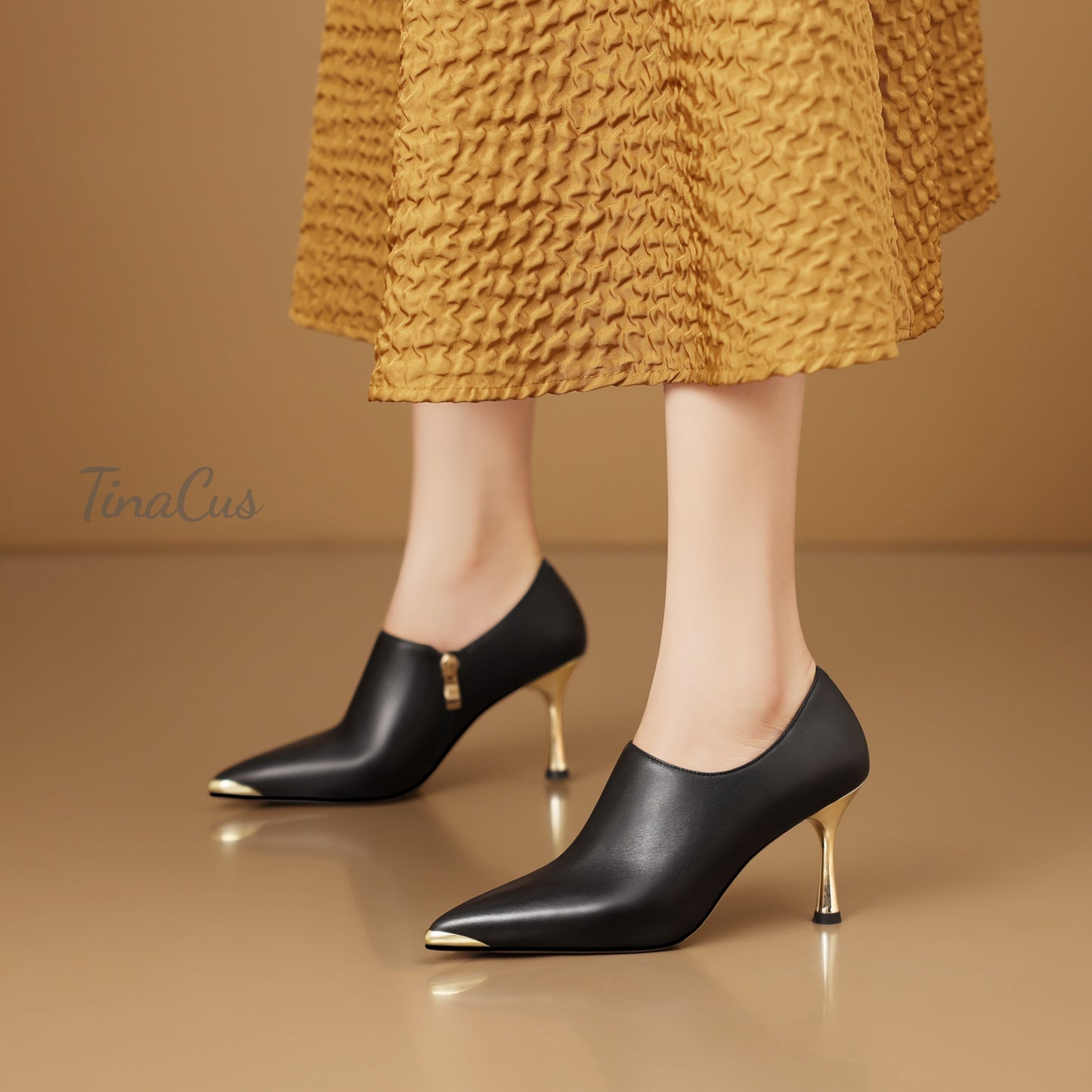 TinaCus Genuine Leather Metal Pointed Toe Handmade Side Zipper Stiletto High Heels Elegant Pumps Shoes