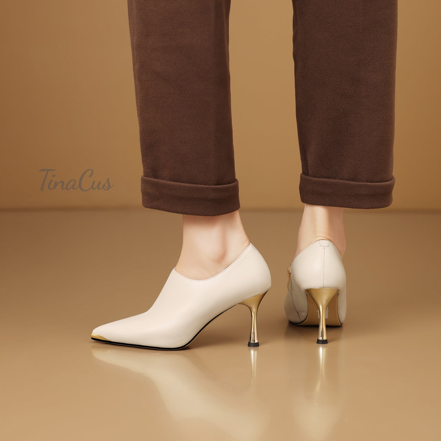 TinaCus Genuine Leather Metal Pointed Toe Handmade Side Zipper Stiletto High Heels Elegant Pumps Shoes