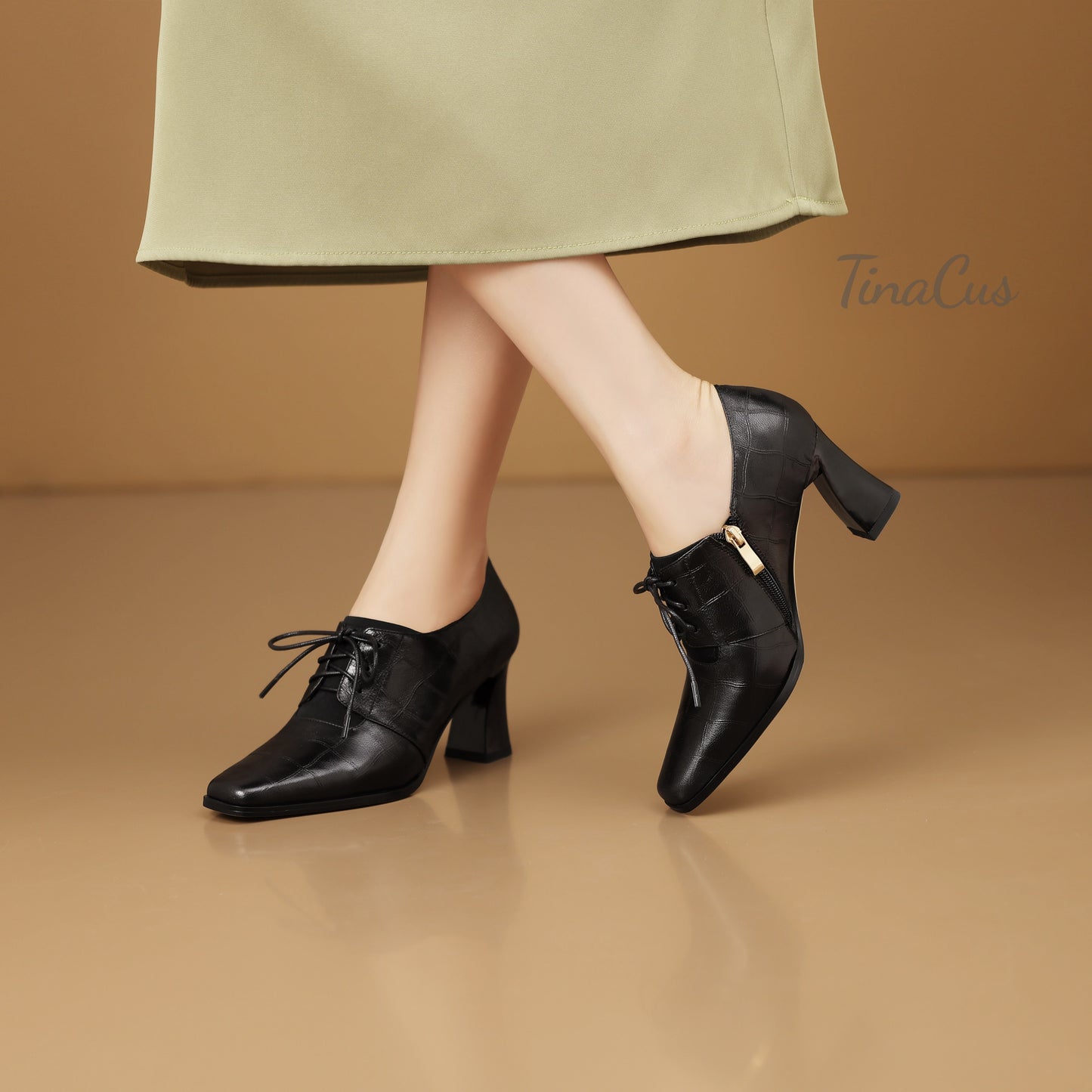 TinaCus Women's Square Toe Handmade Selftie with Zipper Genuine Leather Spool Heels Pumps Shoes