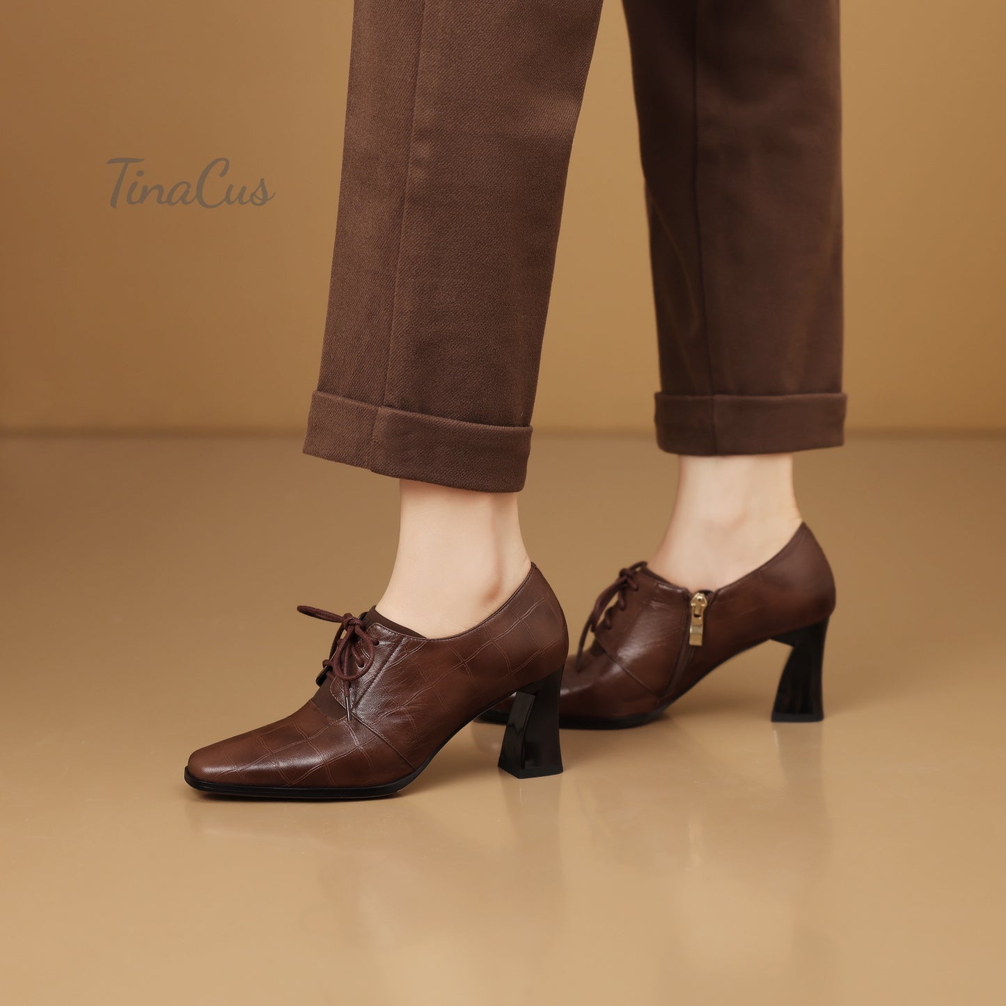 TinaCus Women's Square Toe Handmade Selftie with Zipper Genuine Leather Spool Heels Pumps Shoes