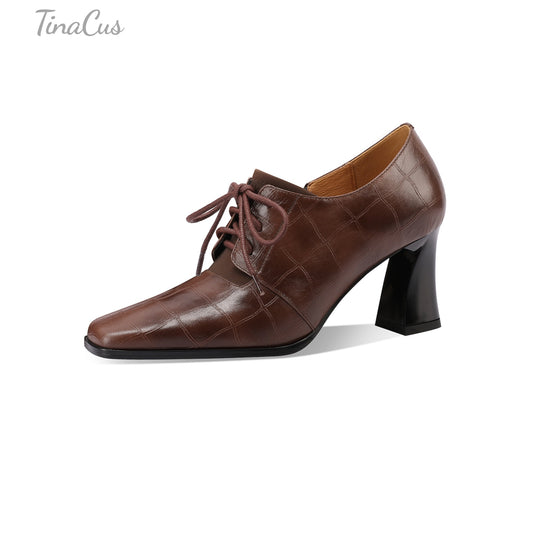 TinaCus Women's Square Toe Handmade Selftie with Zipper Genuine Leather Spool Heels Pumps Shoes