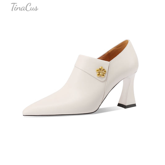 TinaCus Genuine Leather Handmade Side Zipper Women's Pointed Toe Mid Heels Elegant Pumps Shoes