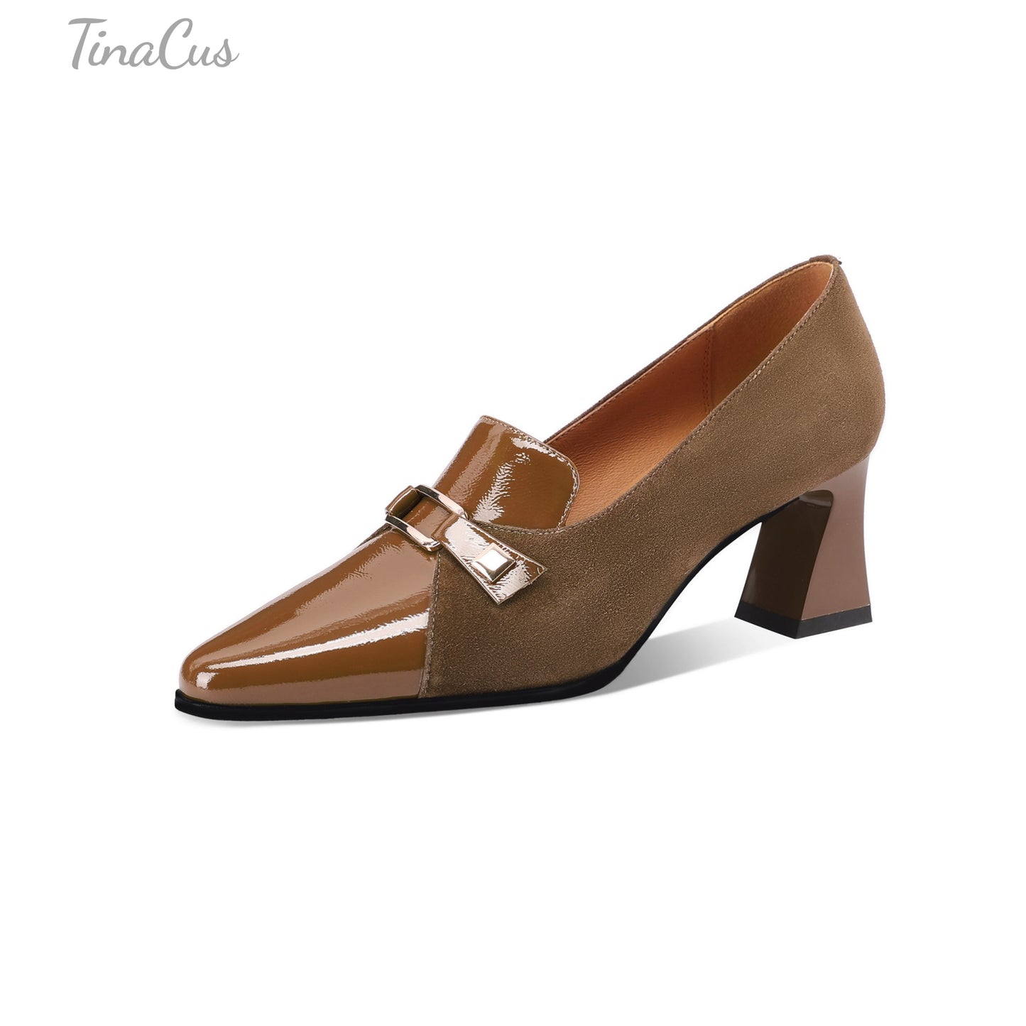 TinaCus Women's Pointed Toe Suede & Patent Leather Handmade Metal Buckle Mid Heels Pumps Shoes