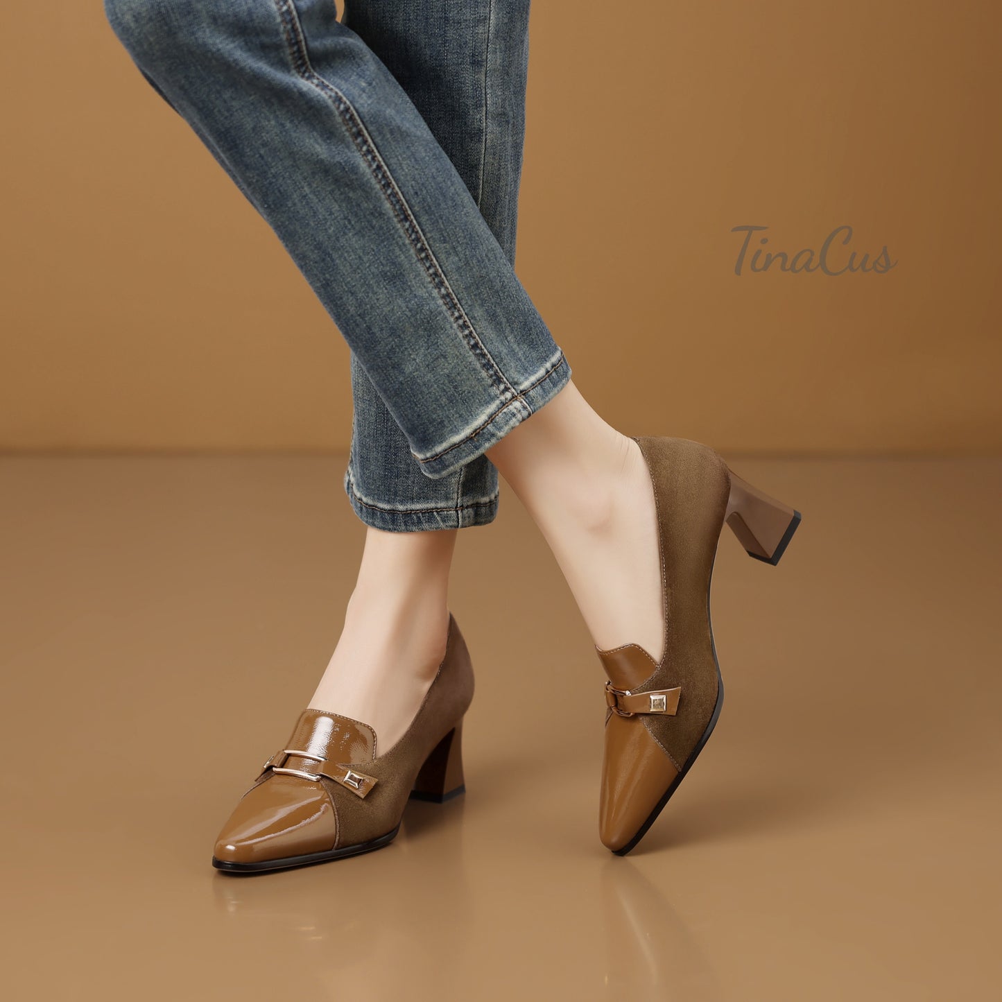 TinaCus Women's Pointed Toe Suede & Patent Leather Handmade Metal Buckle Mid Heels Pumps Shoes