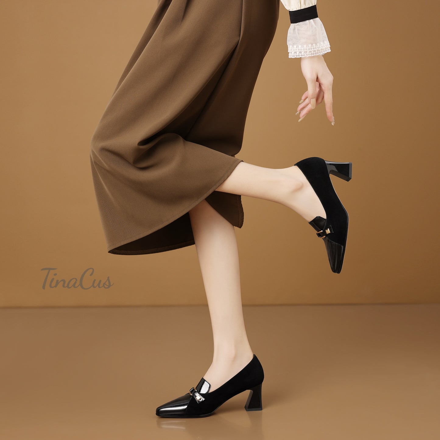 TinaCus Women's Pointed Toe Suede & Patent Leather Handmade Metal Buckle Mid Heels Pumps Shoes