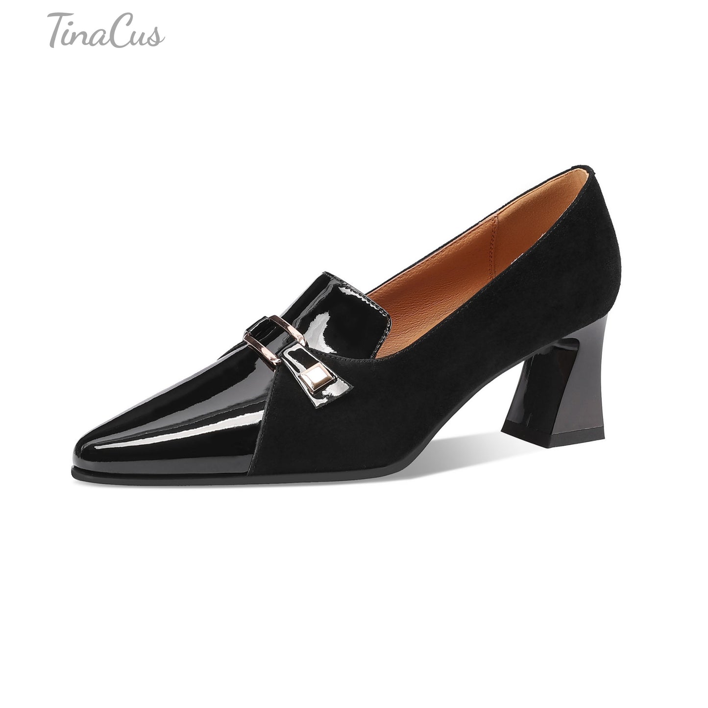 TinaCus Women's Pointed Toe Suede & Patent Leather Handmade Metal Buckle Mid Heels Pumps Shoes