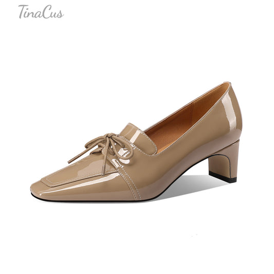 TinaCus Glossy Patent Leather Women's Square Toe Handmade Block Heels Self-tie Pumps Shoes