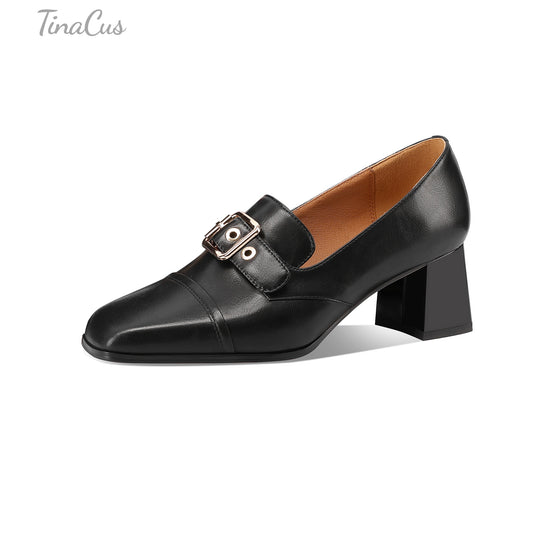TinaCus Square Toe Women's Mid Chunky Heels Handmade Metal Buckle Genuine Leather Loafers Shoes