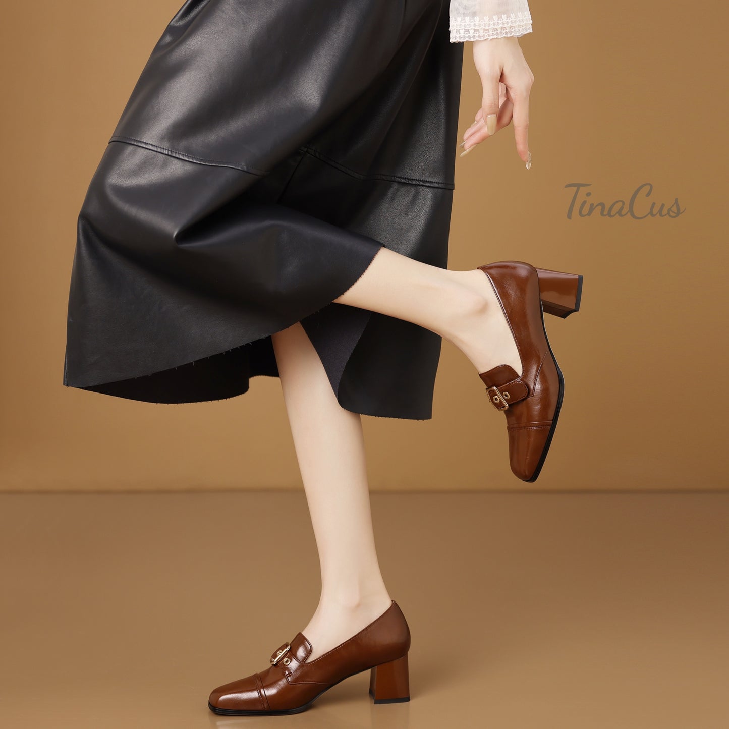 TinaCus Square Toe Women's Mid Chunky Heels Handmade Metal Buckle Genuine Leather Loafers Shoes