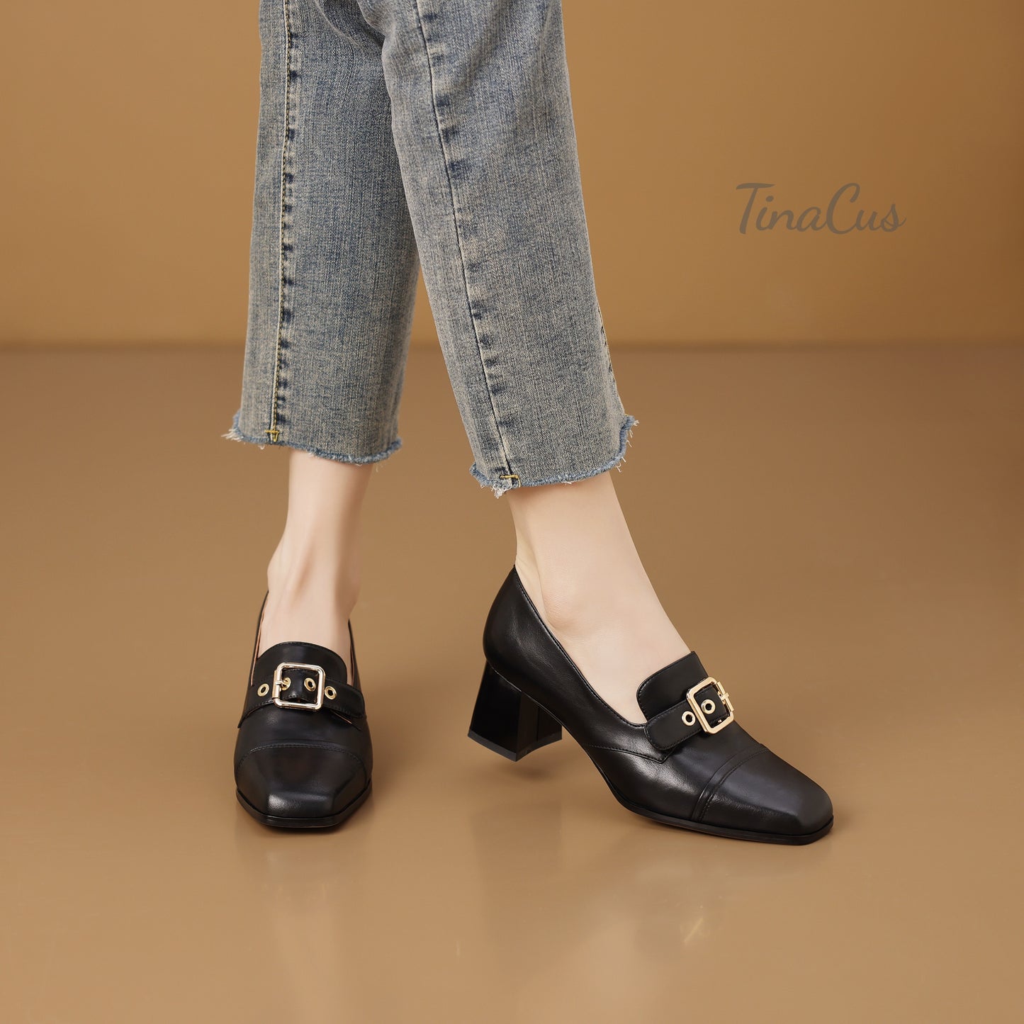 TinaCus Square Toe Women's Mid Chunky Heels Handmade Metal Buckle Genuine Leather Loafers Shoes