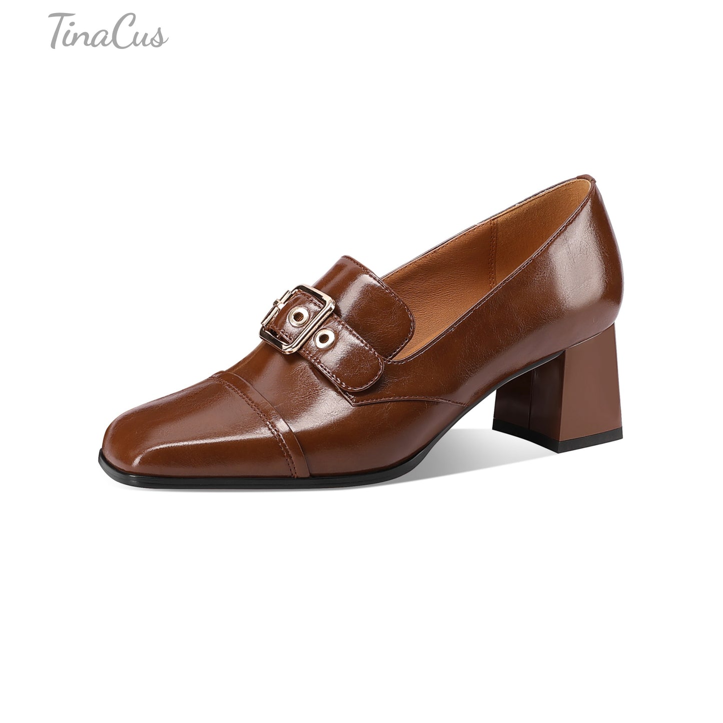 TinaCus Square Toe Women's Mid Chunky Heels Handmade Metal Buckle Genuine Leather Loafers Shoes