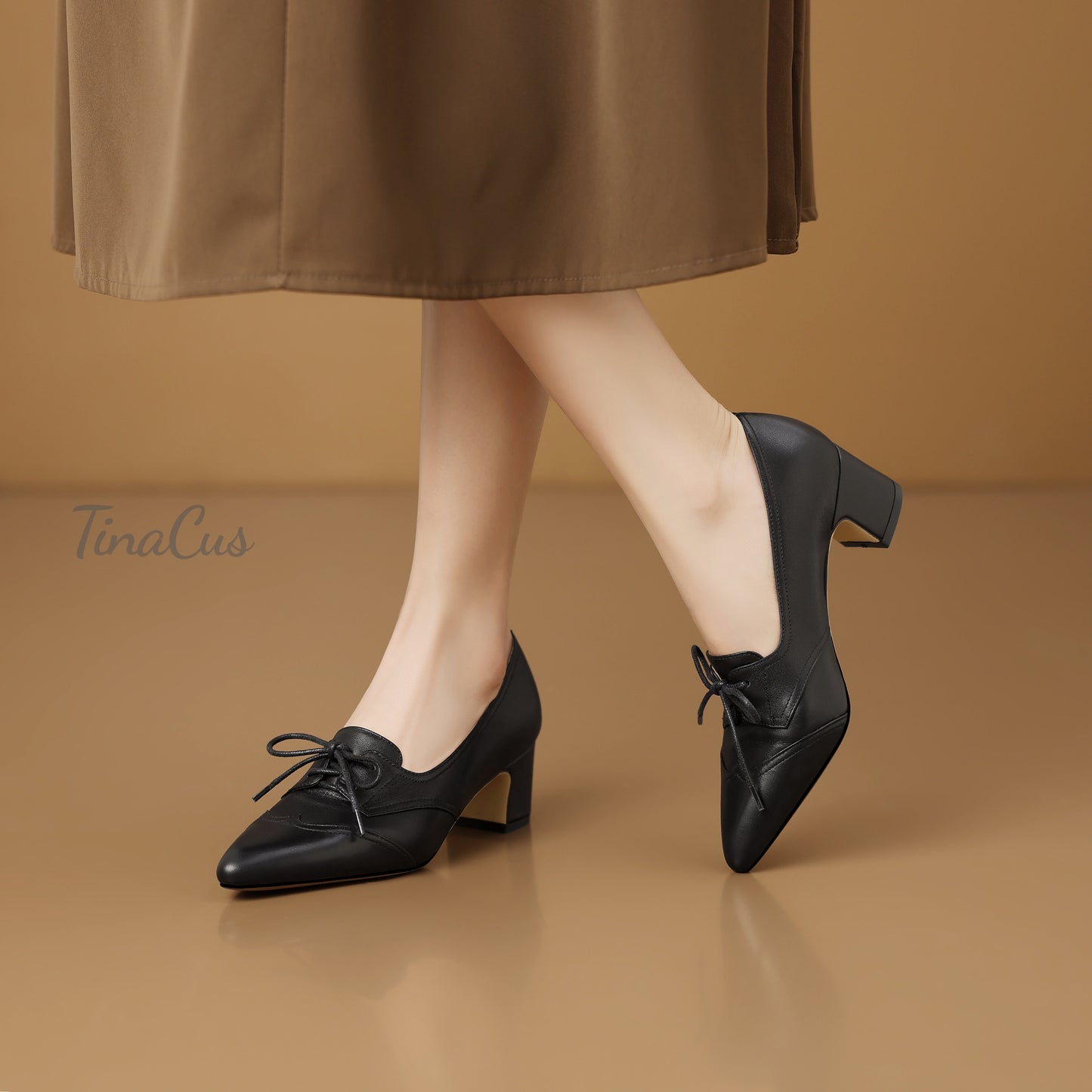 TinaCus Women's Pointed Toe Genuine Leather Handmade Chunky Heels Lace up Oxford Shoes