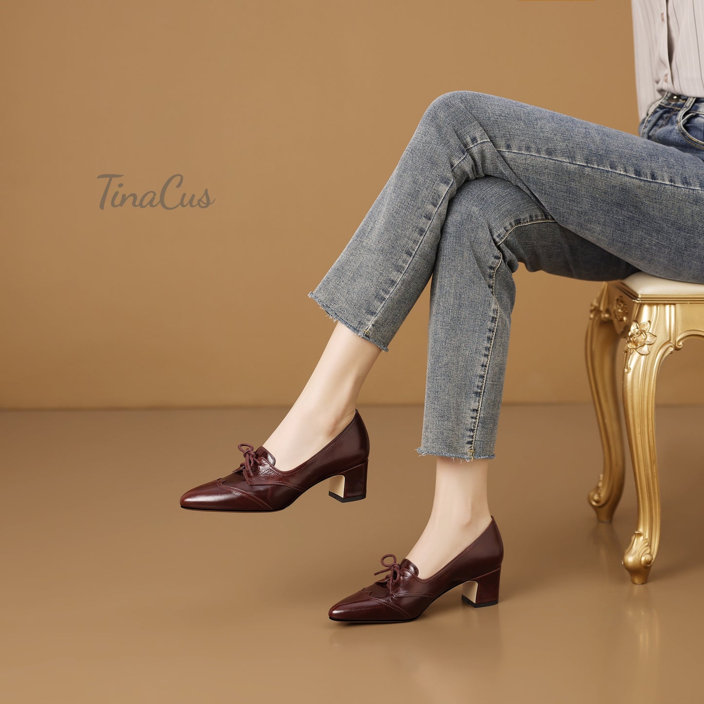 TinaCus Women's Pointed Toe Genuine Leather Handmade Chunky Heels Lace up Oxford Shoes