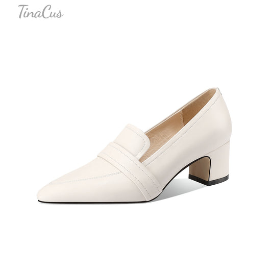 TinaCus Genuine Leather Women's Pointed Toe Handmade Chunky Heels Office Lady Pumps Shoes