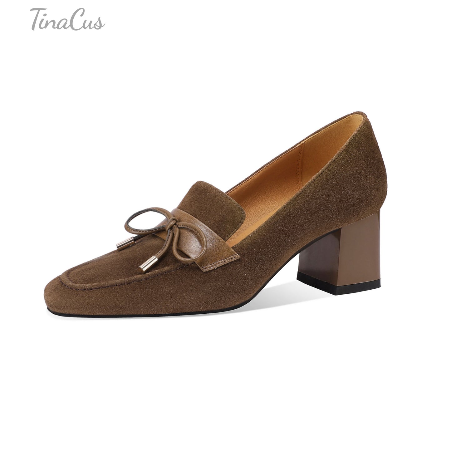 TinaCus Handmade Women's Suede Leather Comfy Slip On Square Toe Block Heel Office Loafers Shoes