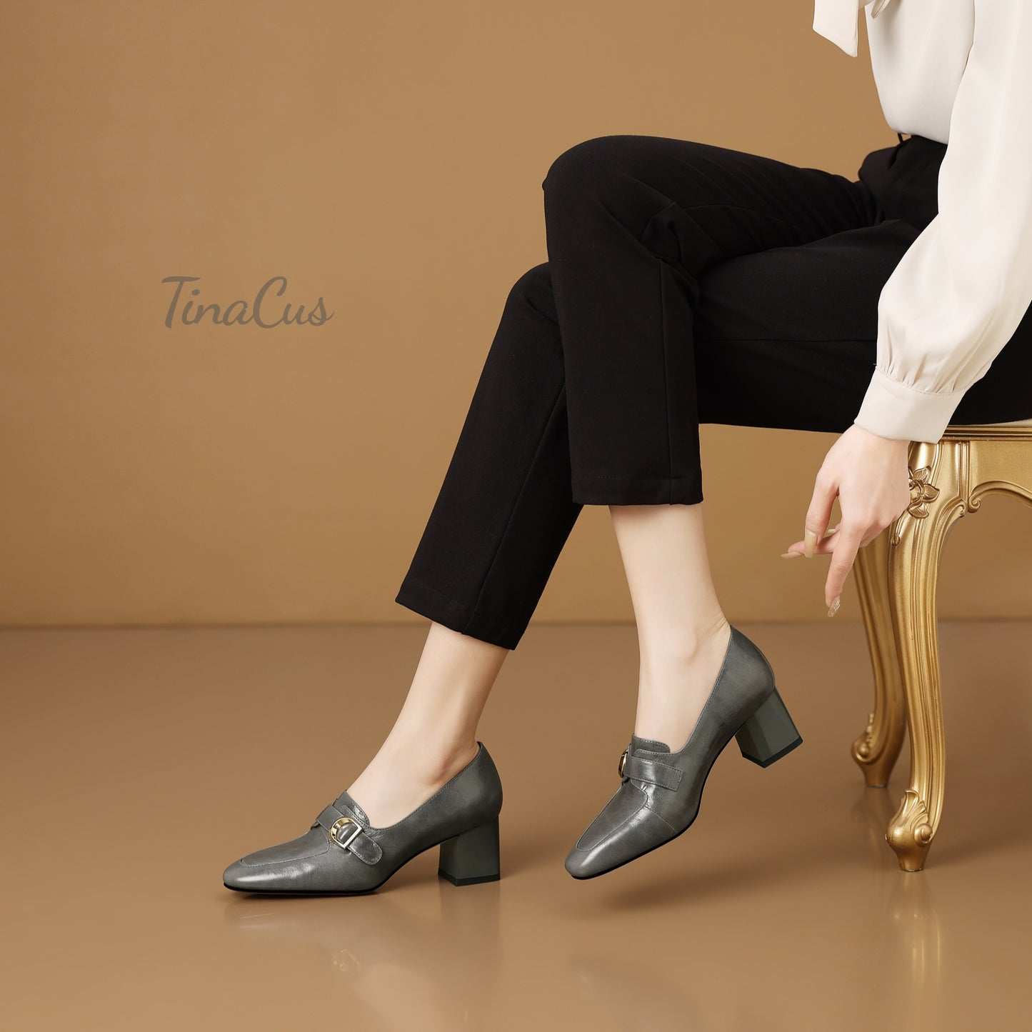 TinaCus Women's Square Toe Genuine Leather Mid Chunky Heels Loafers Shoes with Handmade Strap Buckle