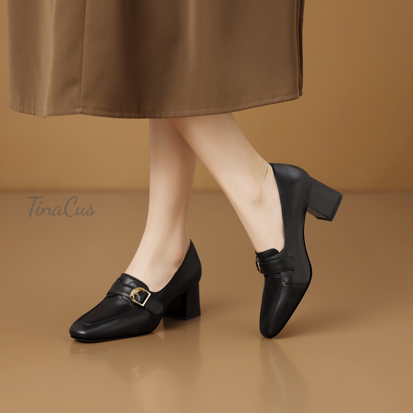 TinaCus Women's Square Toe Genuine Leather Mid Chunky Heels Loafers Shoes with Handmade Strap Buckle