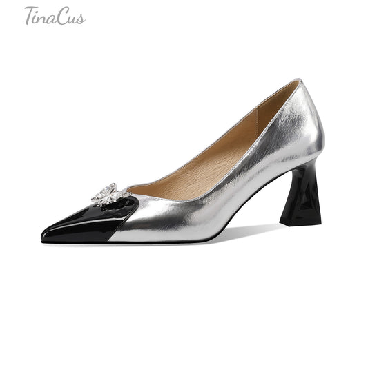 TinaCus Women's Cap Toe Two-Toned Genuine/Suede Leather Handmade Chunky Heels Pumps Shoes with Butterfly