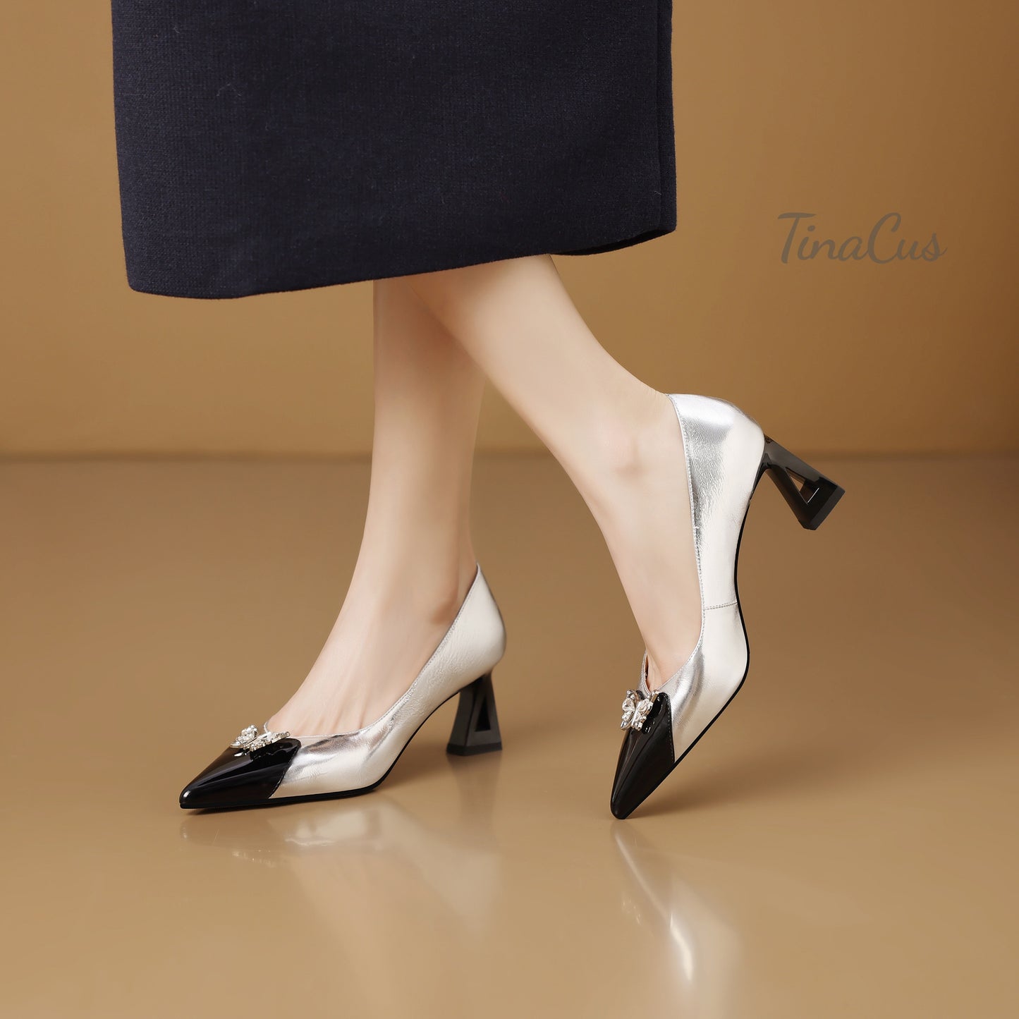 TinaCus Women's Cap Toe Two-Toned Genuine/Suede Leather Handmade Chunky Heels Pumps Shoes with Butterfly