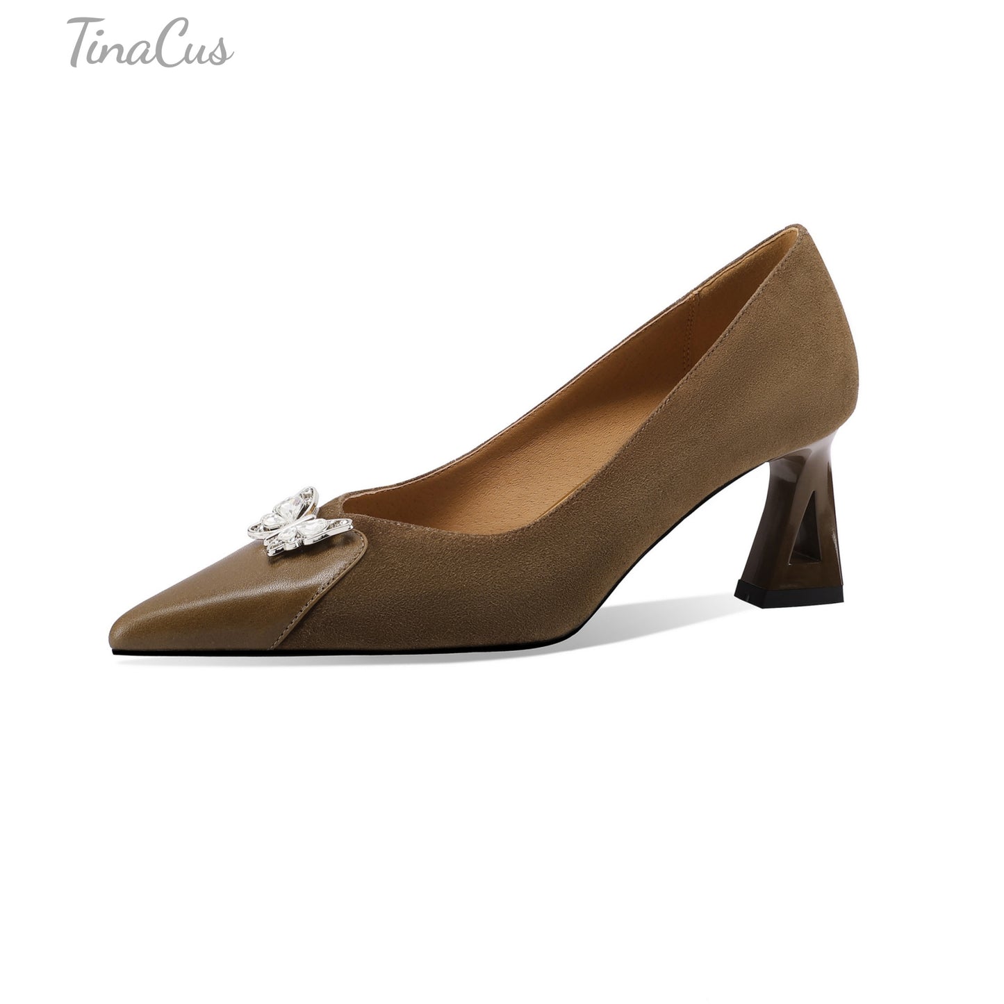 TinaCus Women's Cap Toe Two-Toned Genuine/Suede Leather Handmade Chunky Heels Pumps Shoes with Butterfly