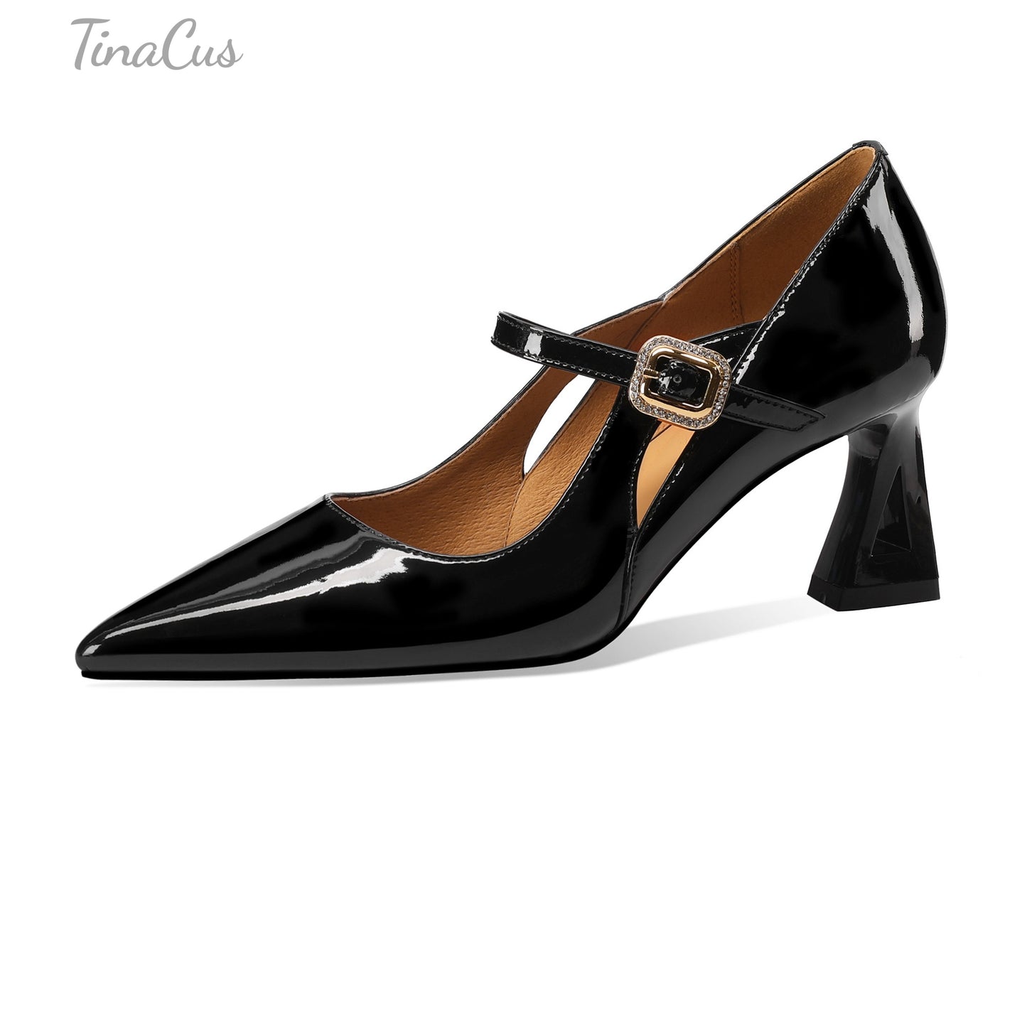 TinaCus Handmade Women's Patent Leather Hollow-Out Pointed Toe Buckle Strap Office Pumps Shoes