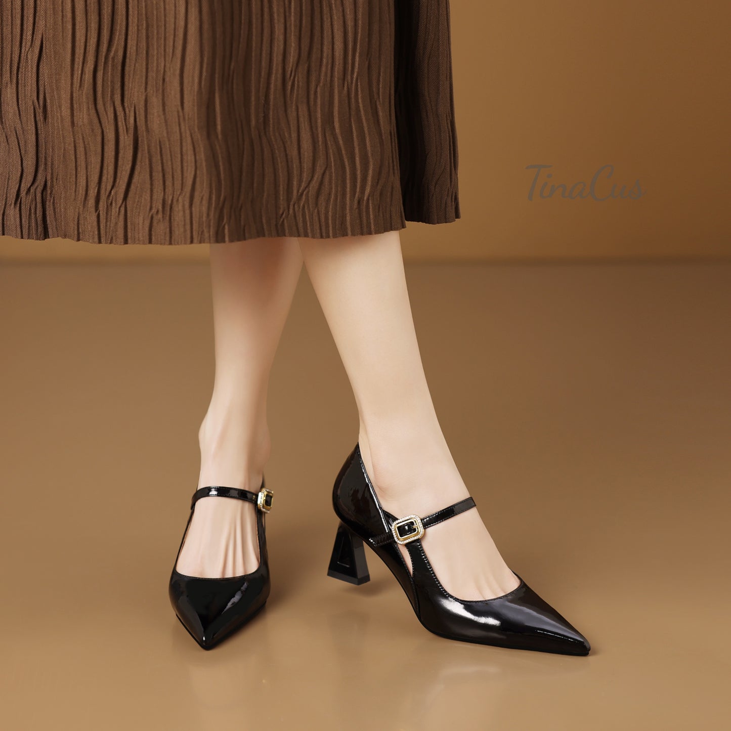 TinaCus Handmade Women's Patent Leather Hollow-Out Pointed Toe Buckle Strap Office Pumps Shoes