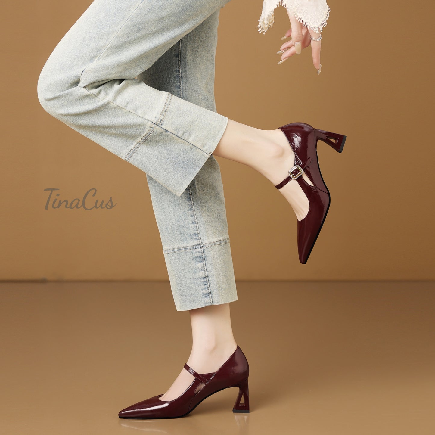 TinaCus Handmade Women's Patent Leather Hollow-Out Pointed Toe Buckle Strap Office Pumps Shoes
