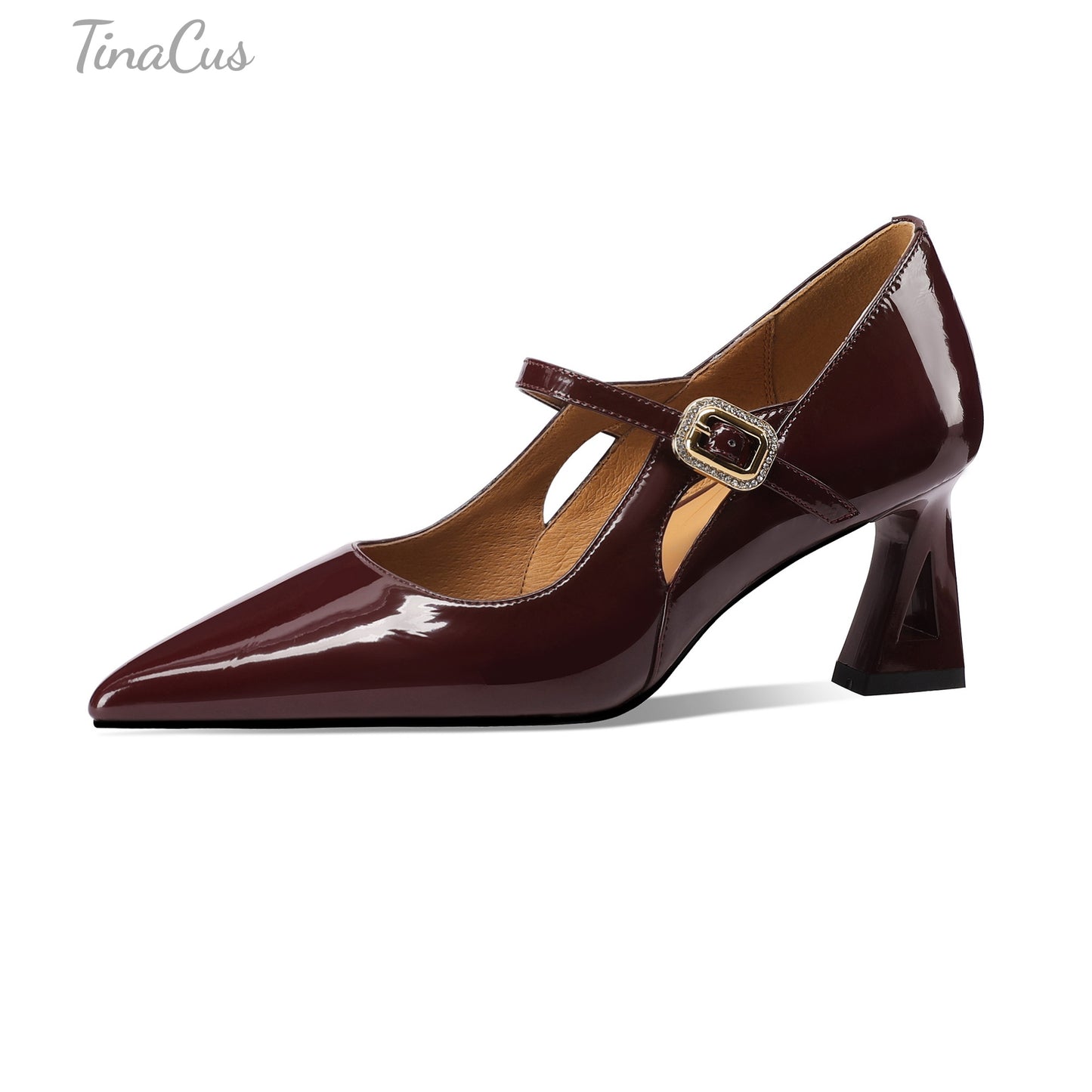 TinaCus Handmade Women's Patent Leather Hollow-Out Pointed Toe Buckle Strap Office Pumps Shoes