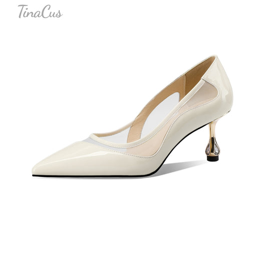 TinaCus Patent Leather & Mesh Women's Pointed Toe Handmade Mid Heels Elegant Pumps Shoes