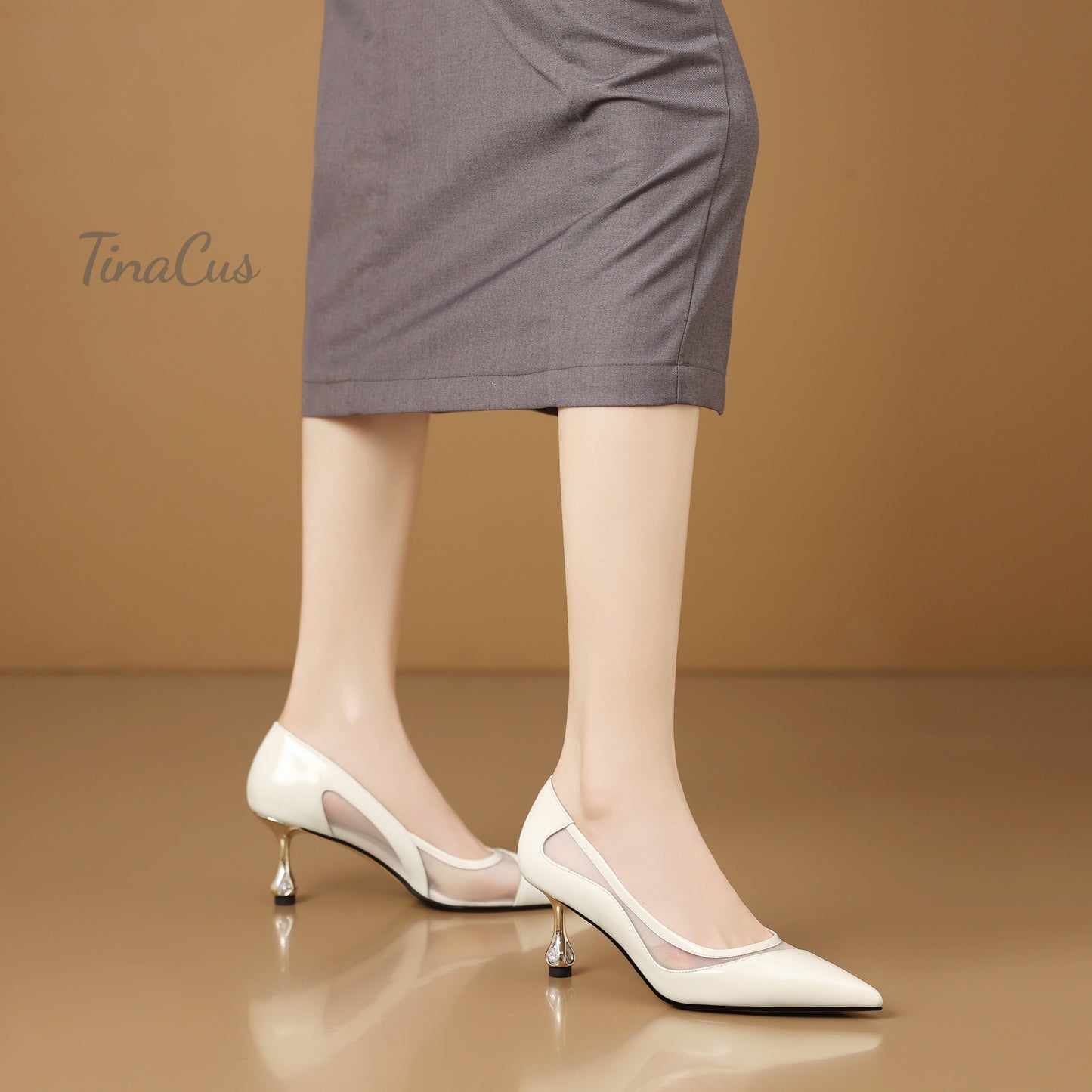 TinaCus Patent Leather & Mesh Women's Pointed Toe Handmade Mid Heels Elegant Pumps Shoes