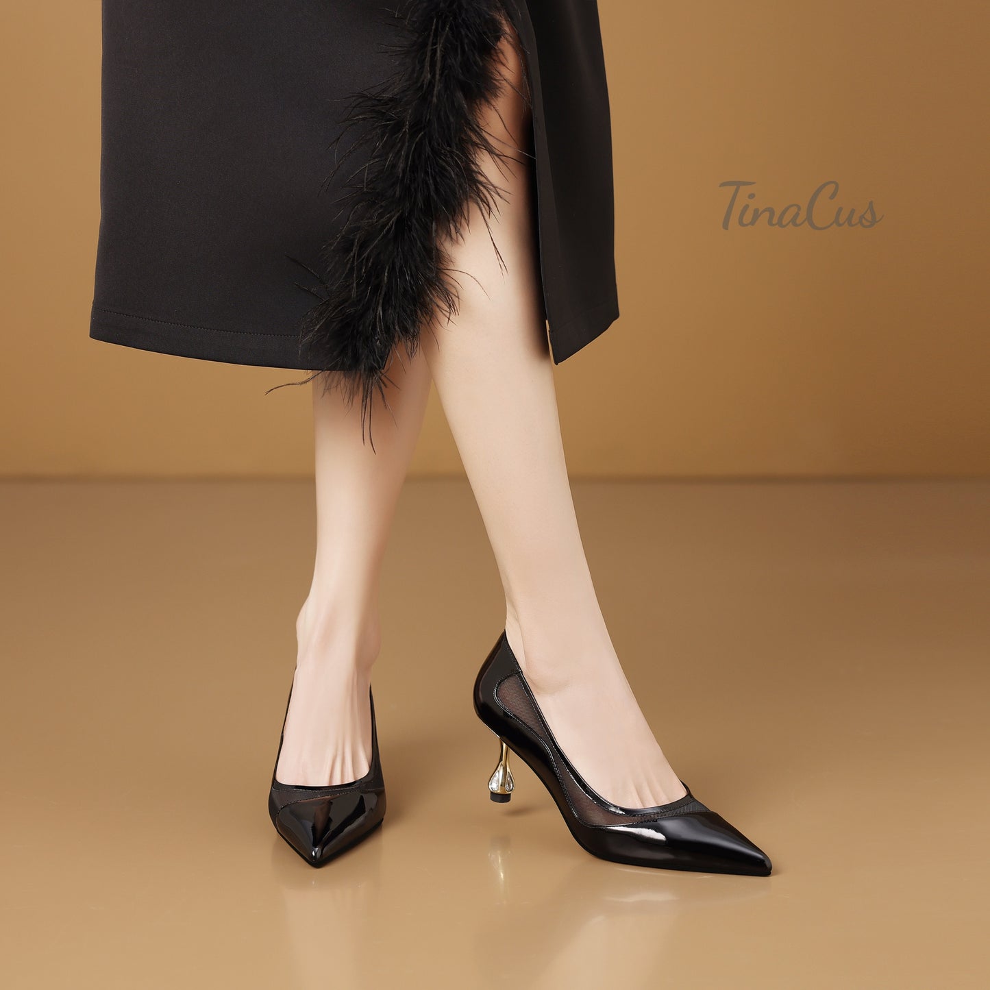 TinaCus Patent Leather & Mesh Women's Pointed Toe Handmade Mid Heels Elegant Pumps Shoes