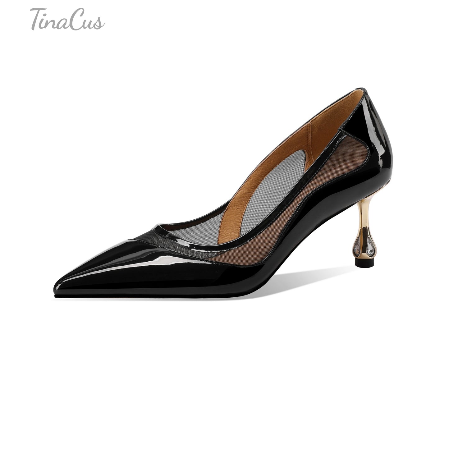 TinaCus Patent Leather & Mesh Women's Pointed Toe Handmade Mid Heels Elegant Pumps Shoes