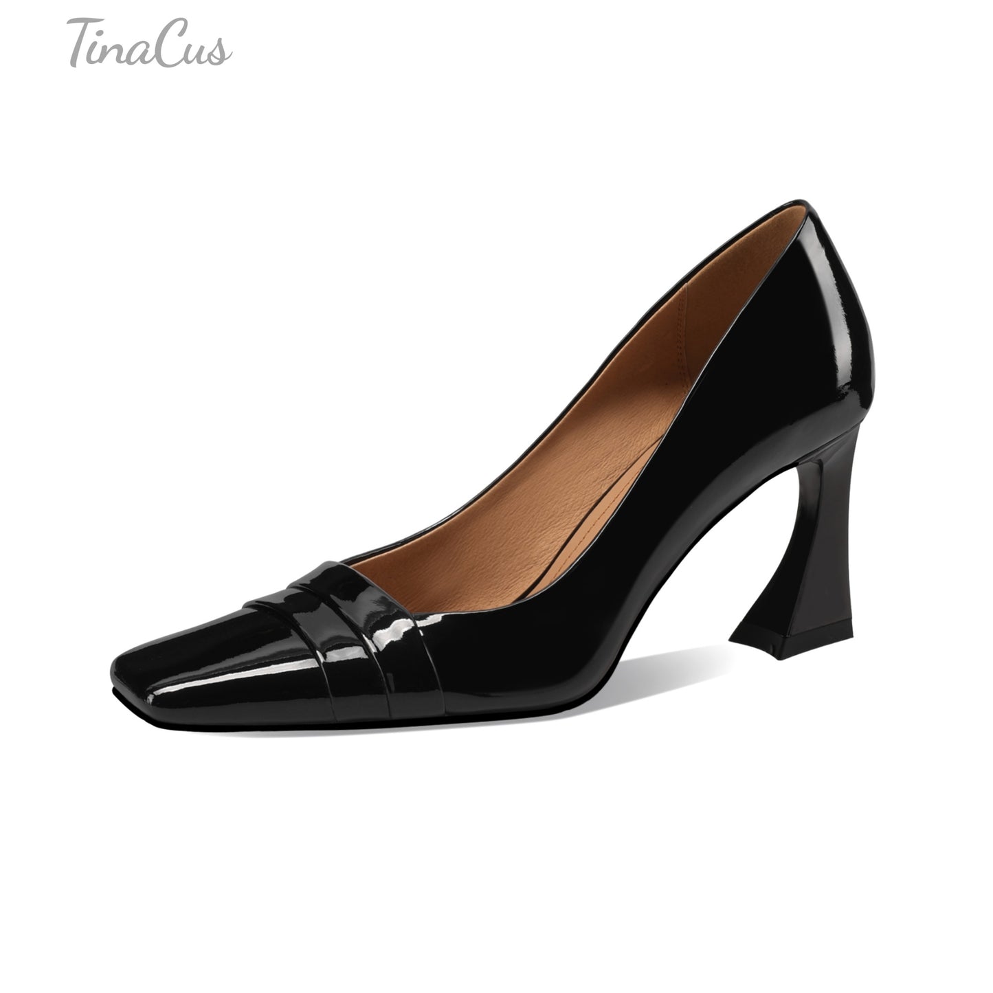 TinaCus Patent Leather Women's Square Toe Handmade Spool High Heels Office Lady Pumps Shoes