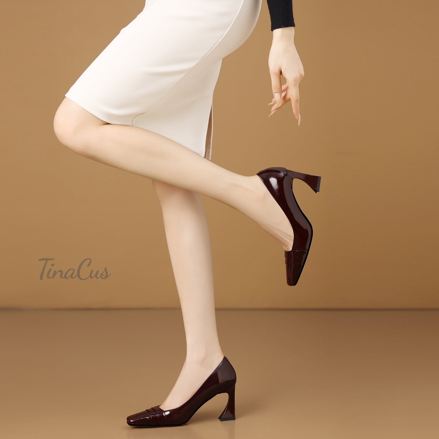 TinaCus Patent Leather Women's Square Toe Handmade Spool High Heels Office Lady Pumps Shoes