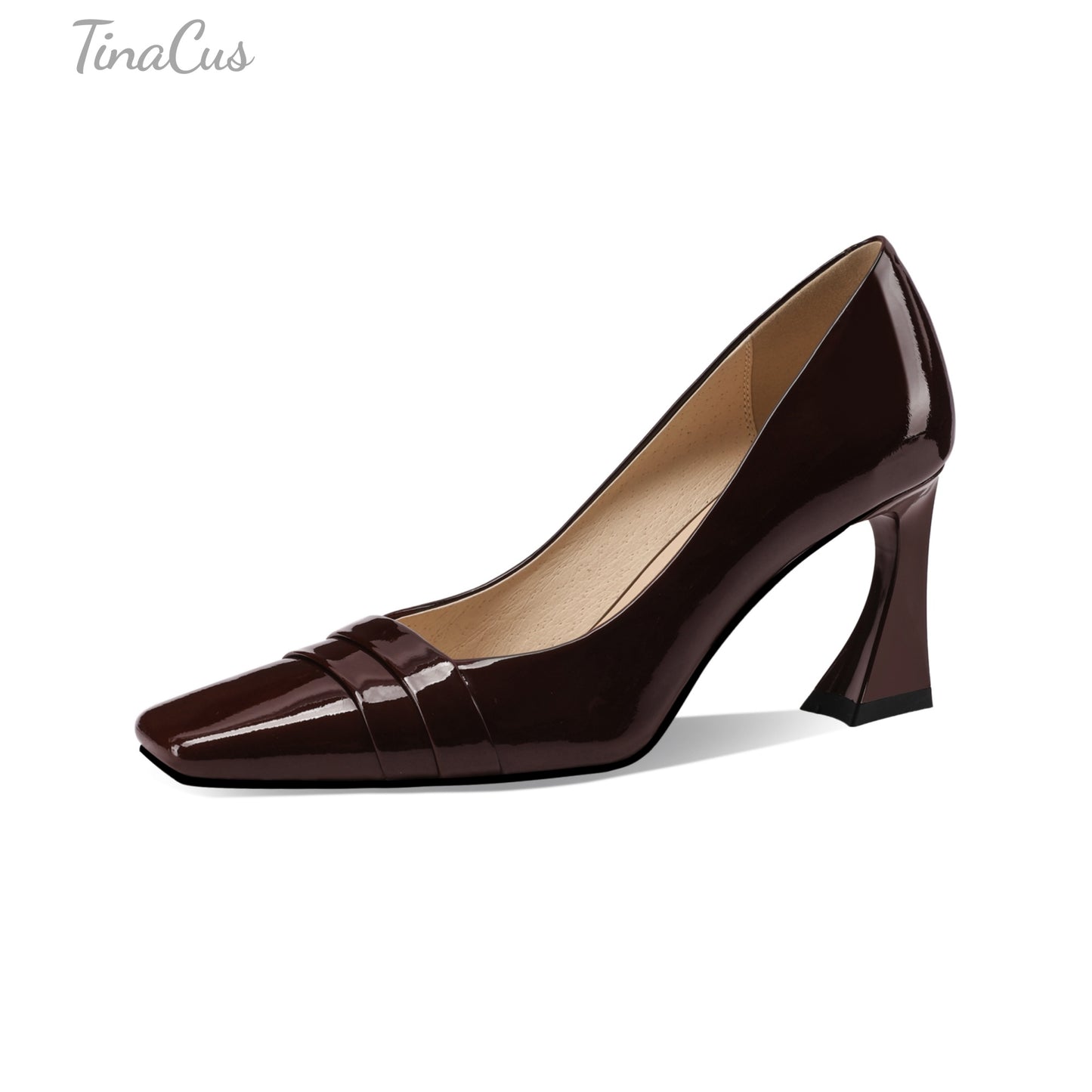TinaCus Patent Leather Women's Square Toe Handmade Spool High Heels Office Lady Pumps Shoes