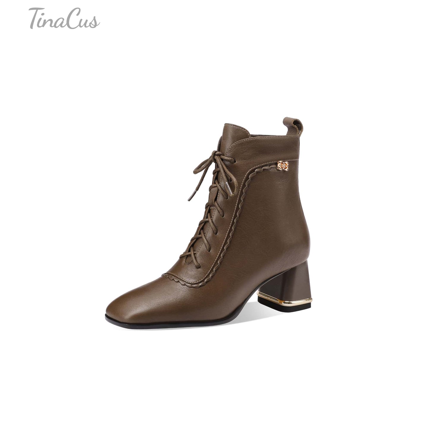 TinaCus Women's Leather Combat Ankle Boots Handmade Side Zipper Lace-up Chunky Heel Heeled Booties