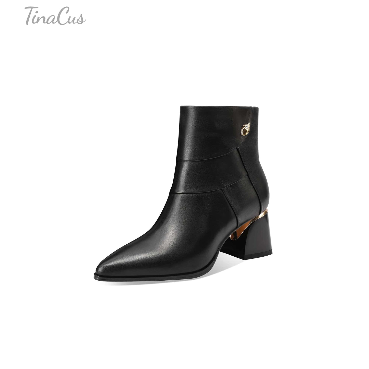 TinaCus Women's Handmade Ankle Boots Genuine Leather Patchwork Pointed Toe Side Zipper Block Heel Short Booties