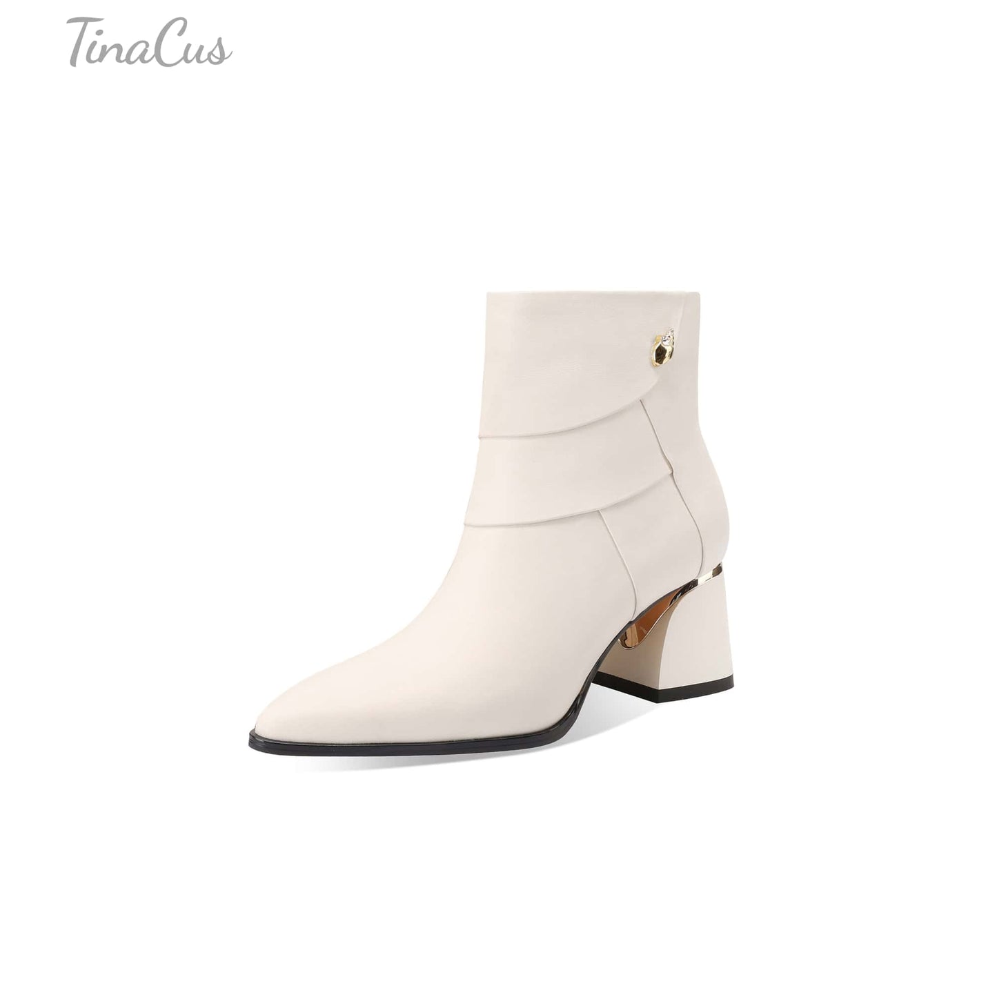 TinaCus Women's Handmade Ankle Boots Genuine Leather Patchwork Pointed Toe Side Zipper Block Heel Short Booties