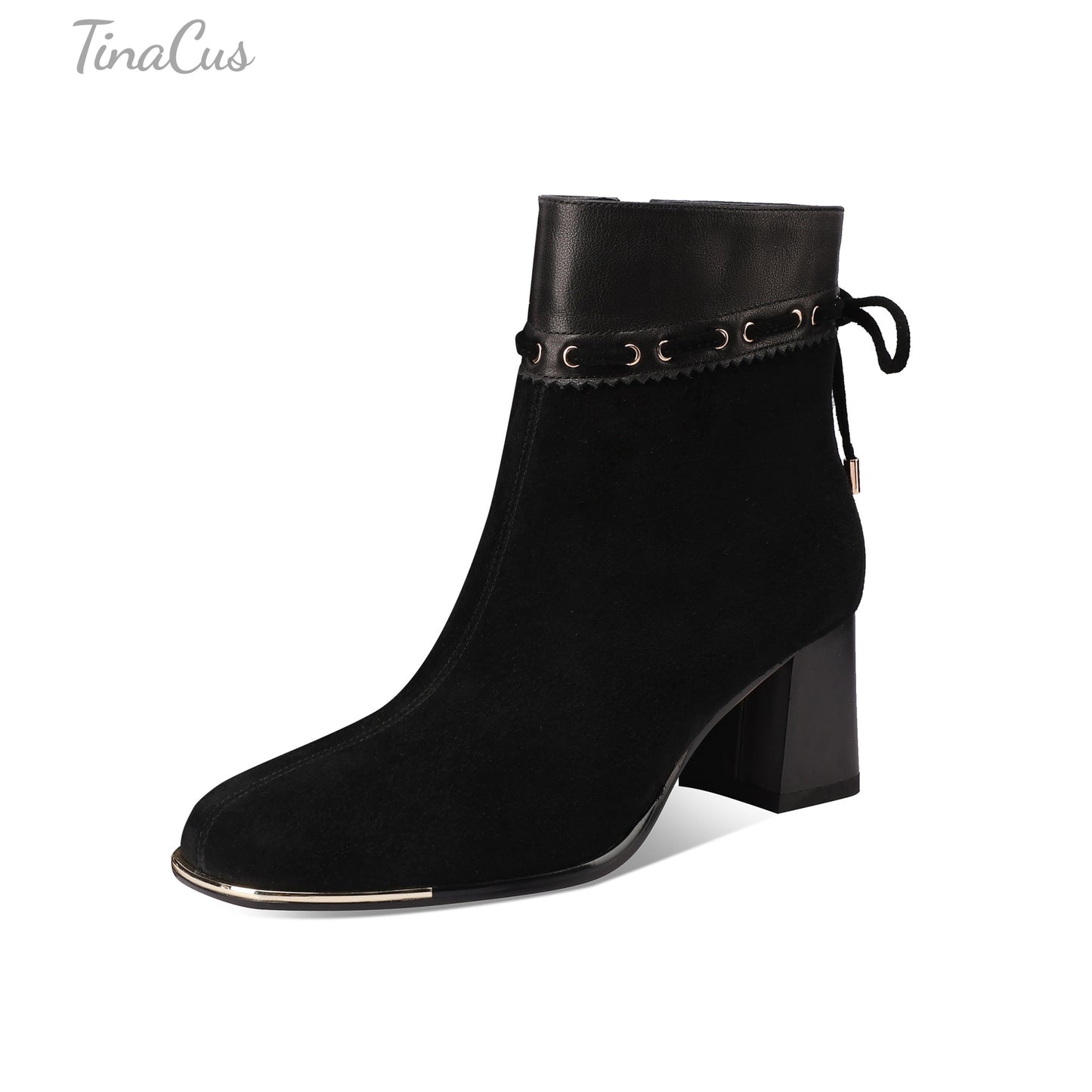 TinaCus Zipper with Lace up Ankle Boots Women's Square Toe Suede & Genuine Leather Mid Chunky Heels Handmade Booties