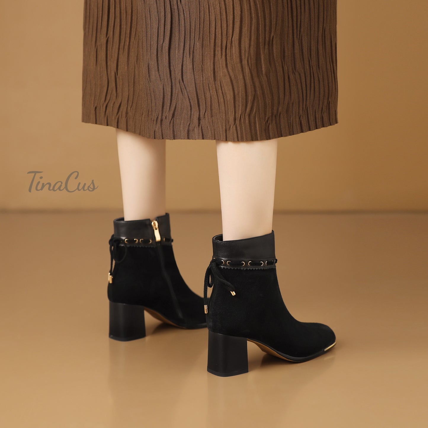 TinaCus Zipper with Lace up Ankle Boots Women's Square Toe Suede & Genuine Leather Mid Chunky Heels Handmade Booties