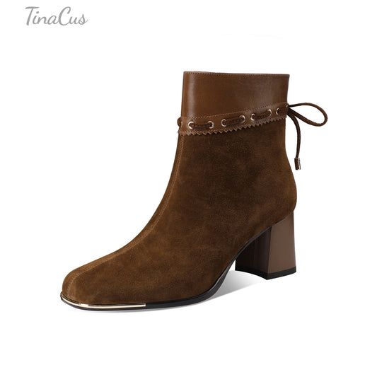 TinaCus Zipper with Lace up Ankle Boots Women's Square Toe Suede & Genuine Leather Mid Chunky Heels Handmade Booties